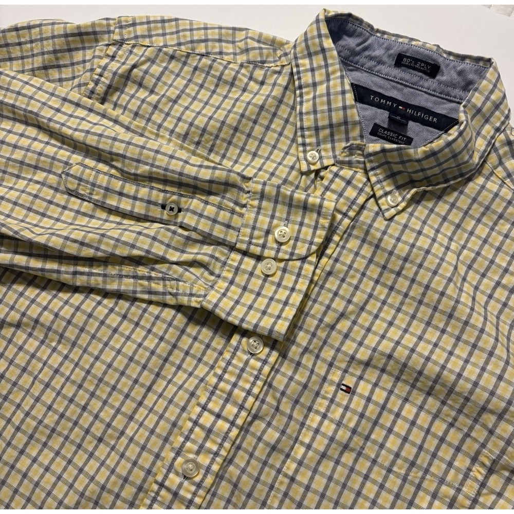Tommy Hilfiger Men's Medium Classic Fit Plaid Shirt Yellow Blue Cotton